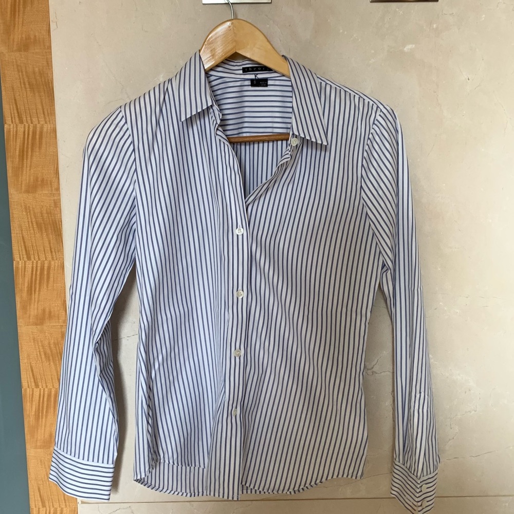 Theory blue and white striped button down blouse